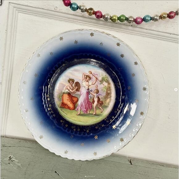 Antique Porcelain Cabinet Plate Flow Blue Hand Painted Cherub Kaufmann Austria - Picture 1 of 7